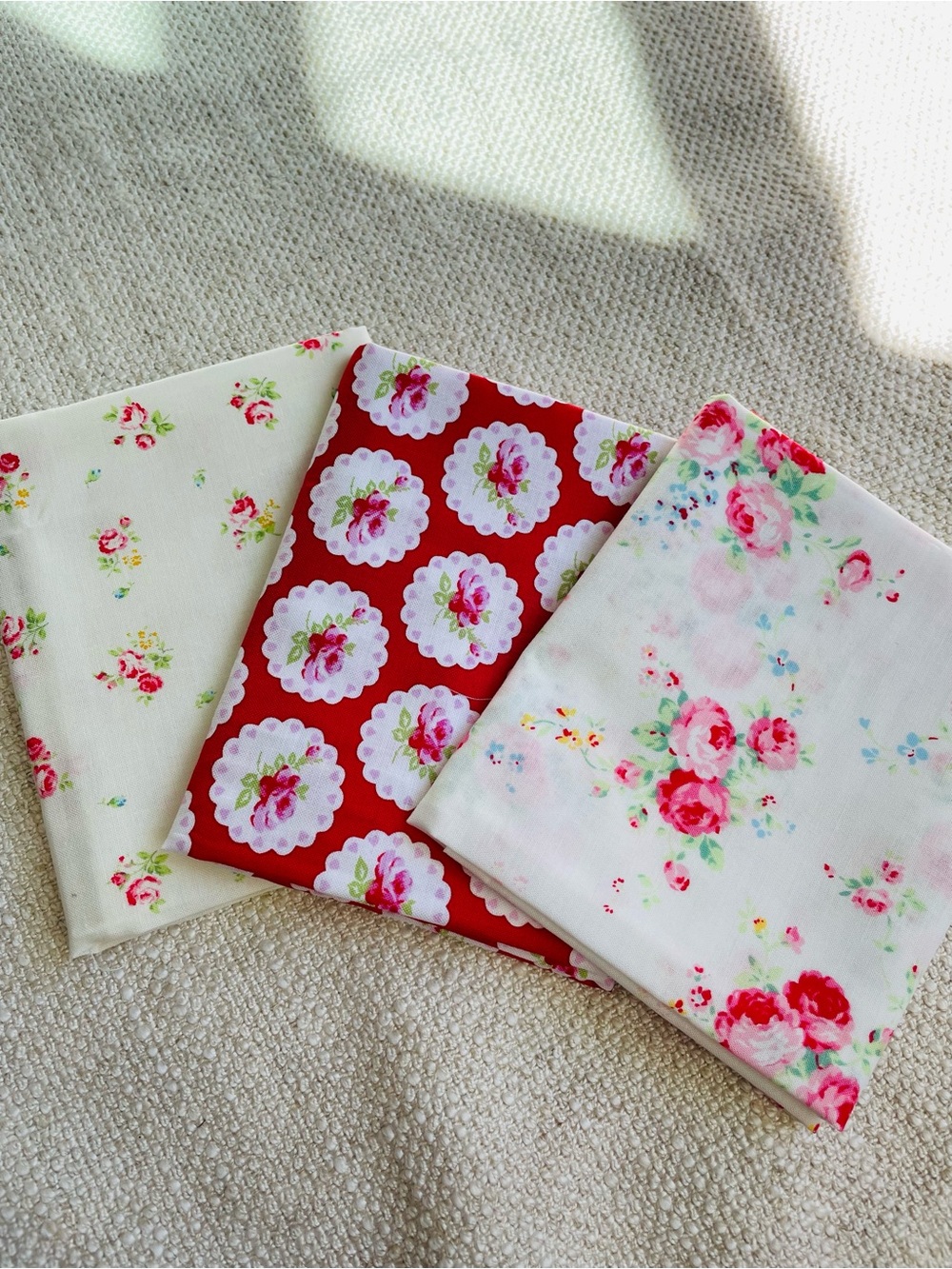 (3) 18x21" Fat Quarters Cream Pink Floral Roses Pattern Cotton Fabric Quilting
